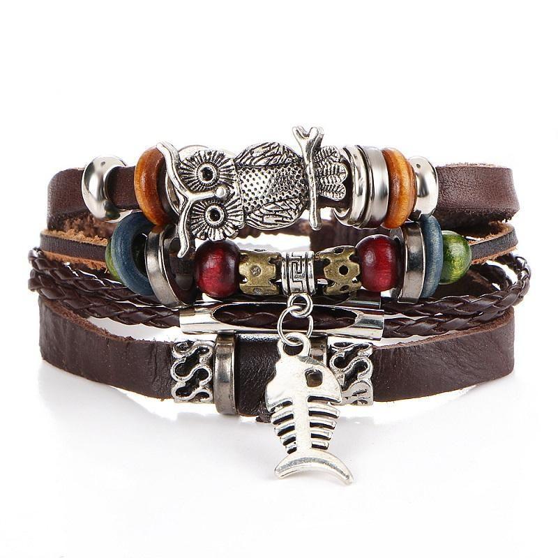 Beaded Fish Bone Owl Color Stone Leather Multi-layer Bracelet