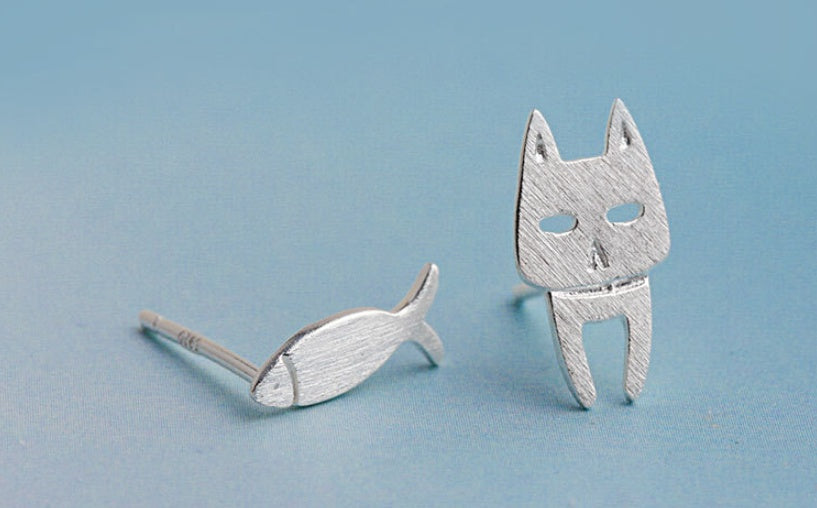 Sterling Silver Stud Earrings Cat Fish Pin Studs