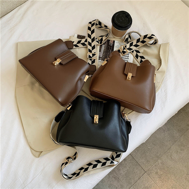 Wide Shoulder Strap Leather Bucket Bag