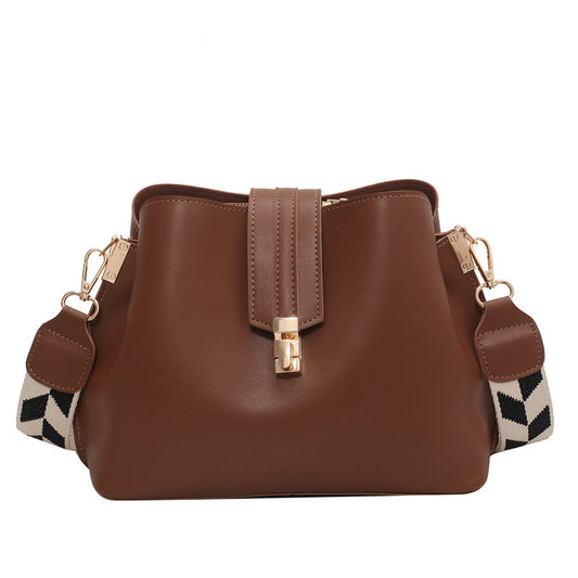 Wide Shoulder Strap Leather Bucket Bag