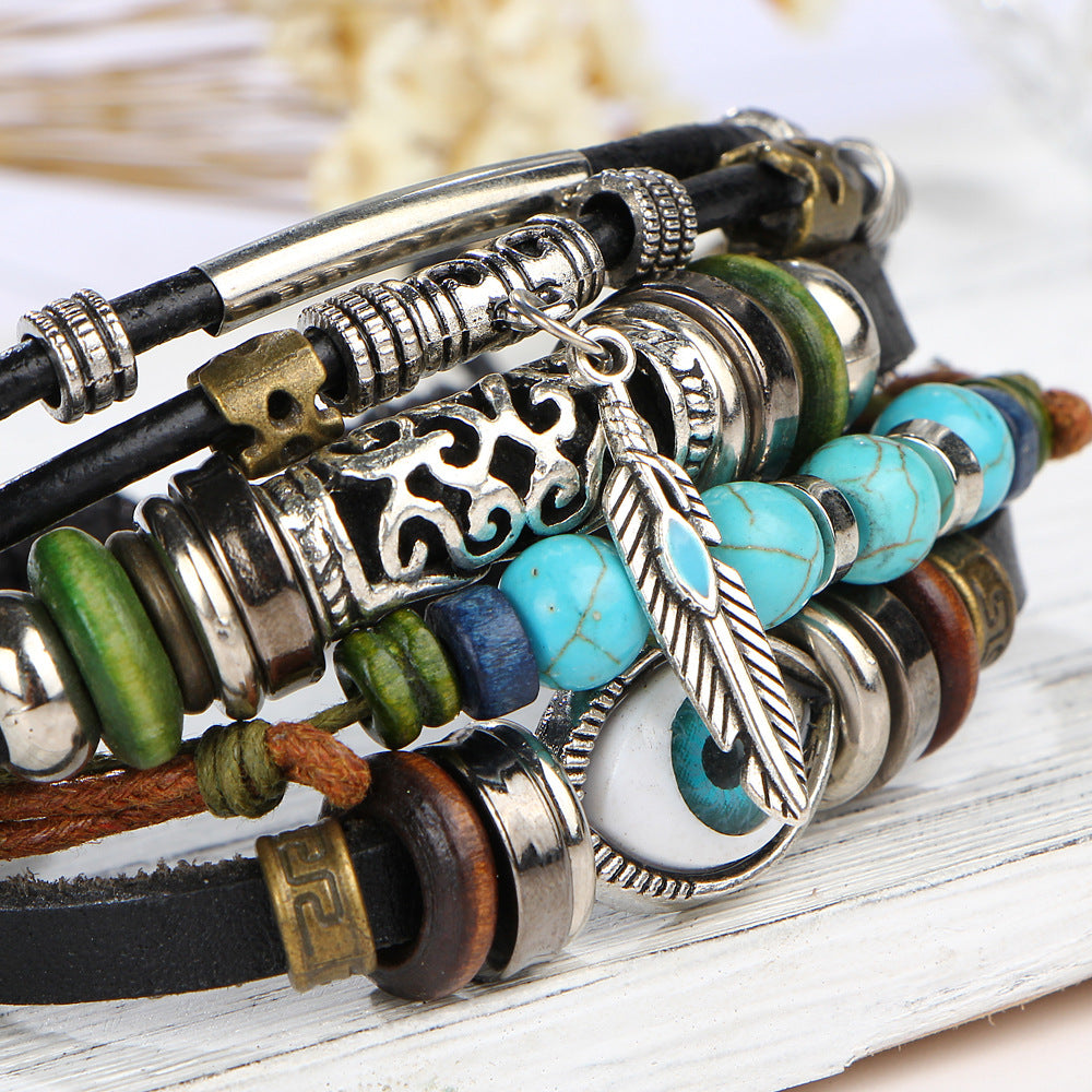 Beaded Fish Bone Owl Color Stone Leather Multi-layer Bracelet