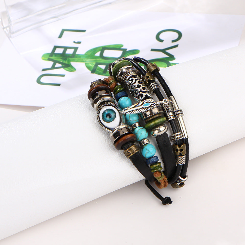 Beaded Fish Bone Owl Color Stone Leather Multi-layer Bracelet