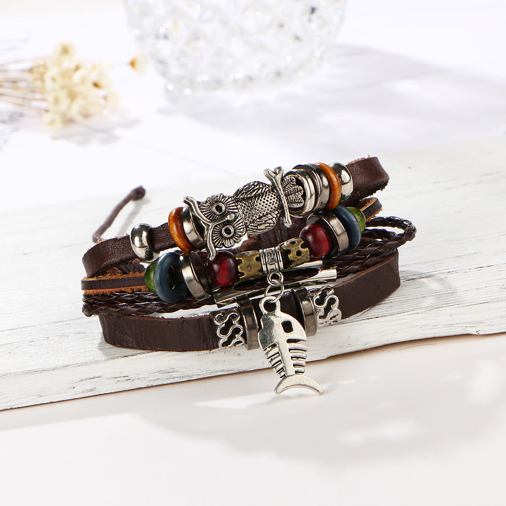 Beaded Fish Bone Owl Color Stone Leather Multi-layer Bracelet