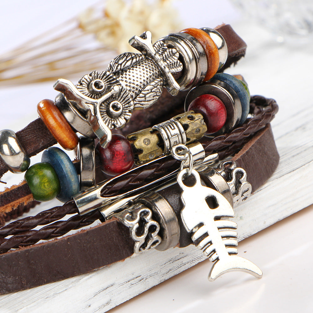 Beaded Fish Bone Owl Color Stone Leather Multi-layer Bracelet