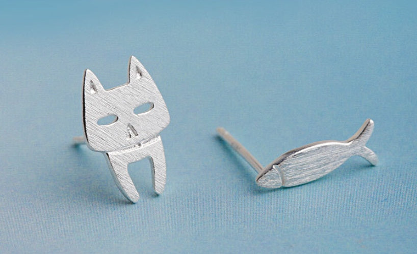 Sterling Silver Stud Earrings Cat Fish Pin Studs