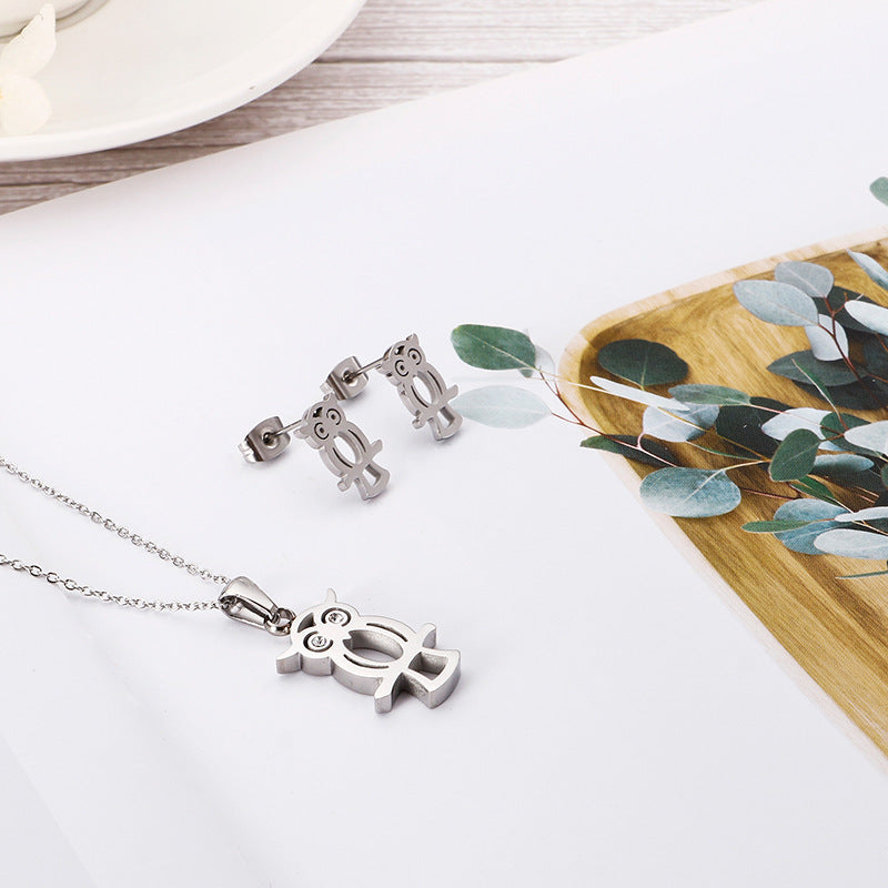 Owl Necklace Stainless Steel Earring Set