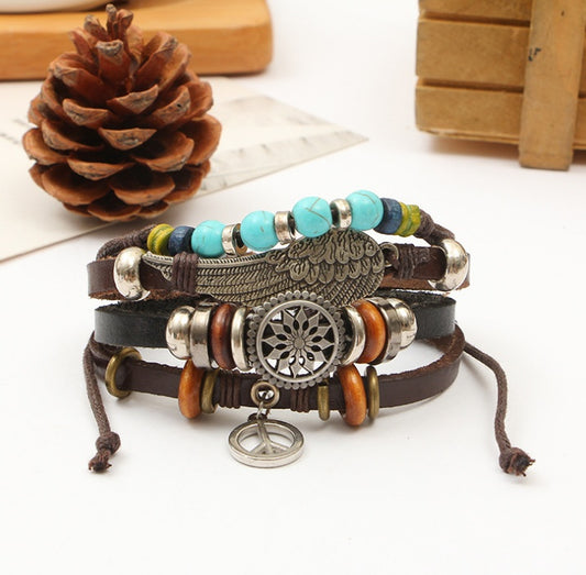 Beaded Fish Bone Owl Color Stone Leather Multi-layer Bracelet