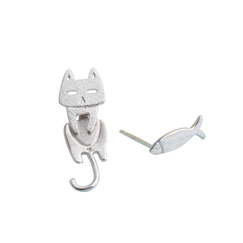 Sterling Silver Stud Earrings Cat Fish Pin Studs