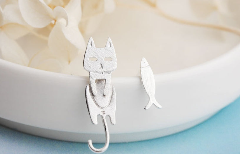 Sterling Silver Stud Earrings Cat Fish Pin Studs