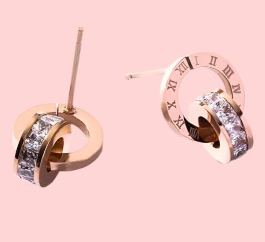 Stainless Steel Rose Gold Stud Earrings, Necklace & Bracelet Set