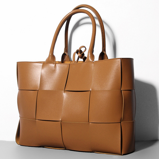 Woven Cowhide Leather Single Shoulder Quilted Pattern Tote Bag