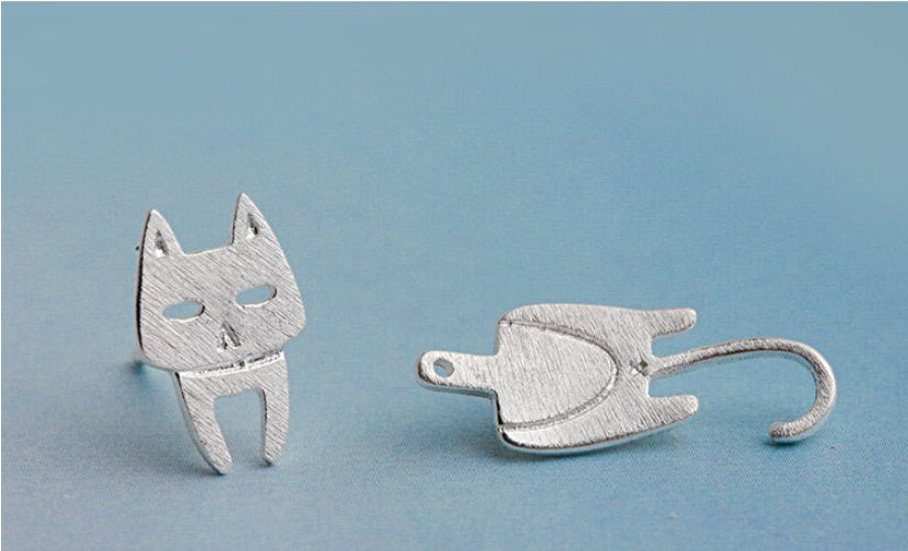 Sterling Silver Stud Earrings Cat Fish Pin Studs