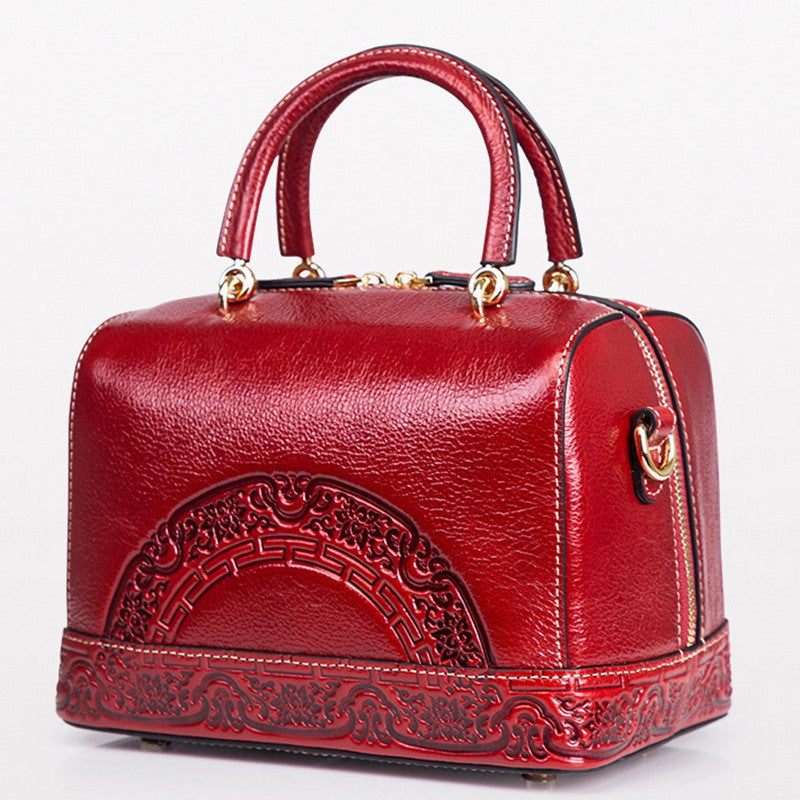 Red Leather Embossed Bucket Bag