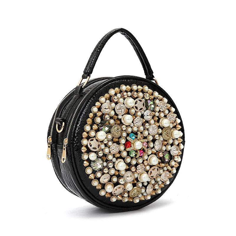 Round Leather Beaded Rhinstone | Vintage Style Bag