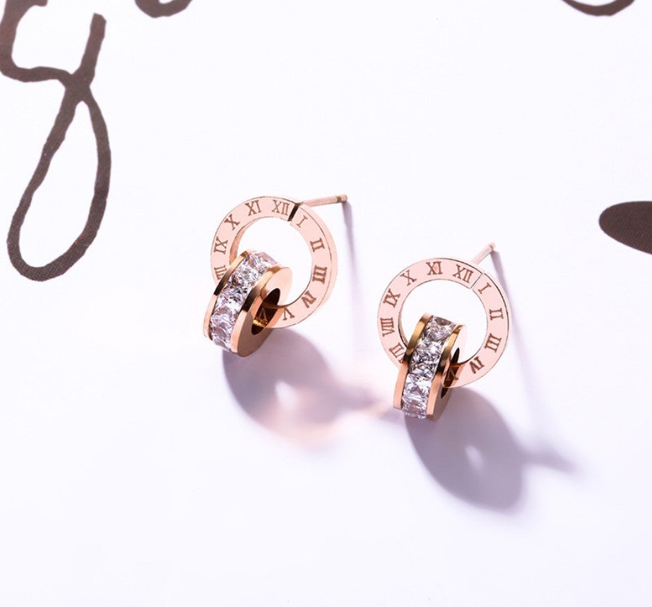 Stainless Steel Rose Gold Stud Earrings, Necklace & Bracelet Set