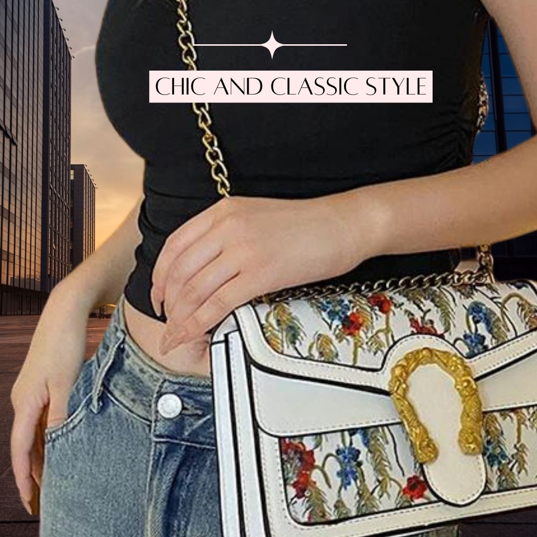 Mermaid Gold Detail Runway Style | Square Cross-Body Floral and Leather Bag