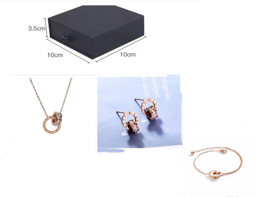 Stainless Steel Rose Gold Stud Earrings, Necklace & Bracelet Set