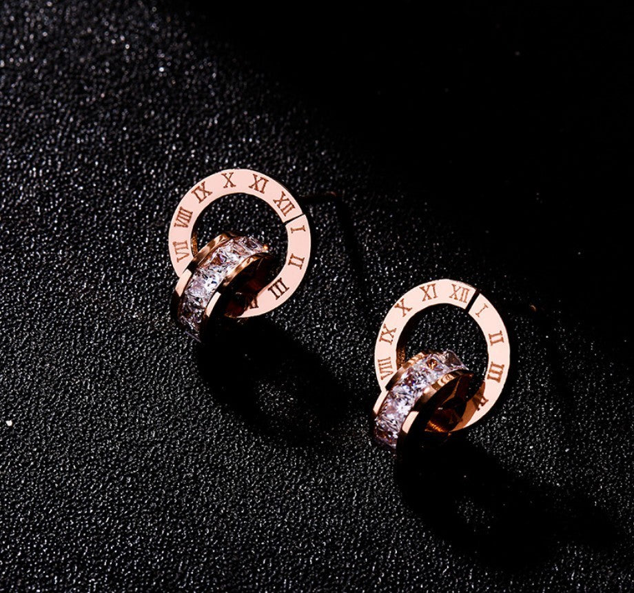 Stainless Steel Rose Gold Stud Earrings, Necklace & Bracelet Set