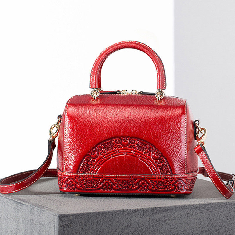 Red Leather Embossed Bucket Bag