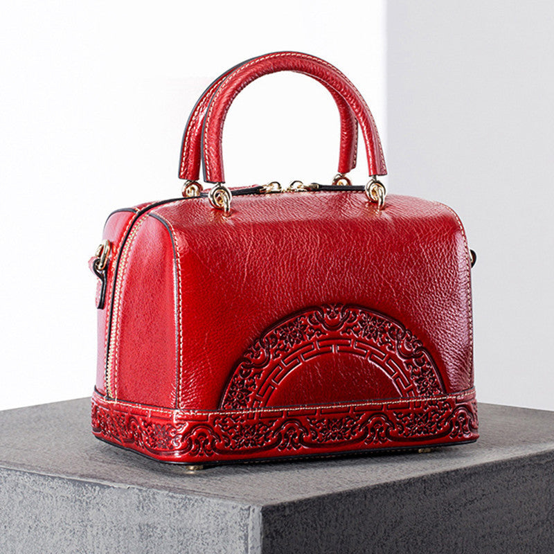 Red Leather Embossed Bucket Bag